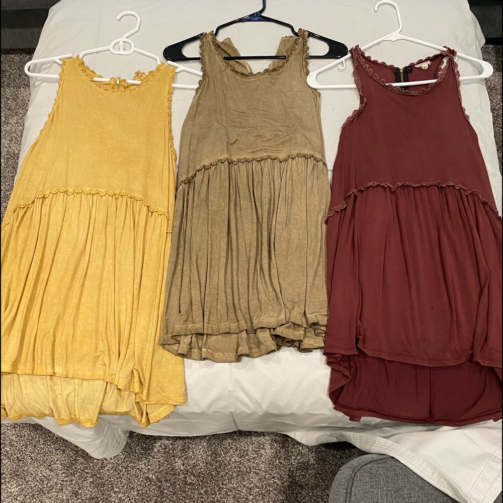 POL babydoll tank tops, size L, yellow, burgundy, olive. Perfect for layering.